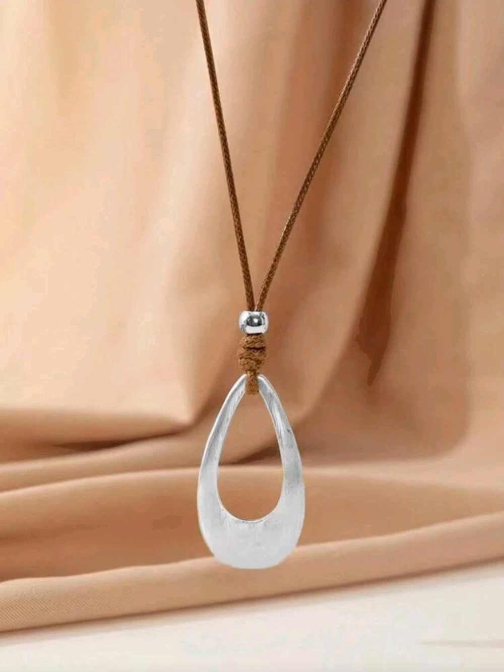 Silver Teardrop Pendant Necklace with Brown Cord